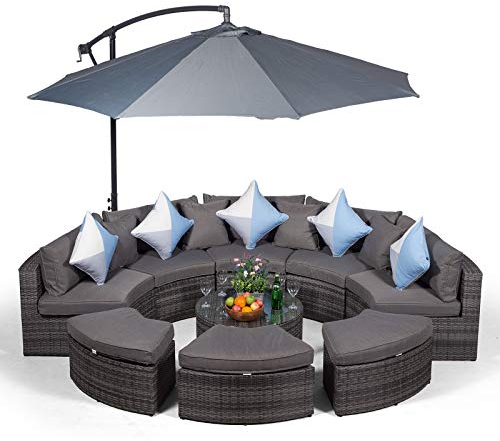 Giardino Monaco Rattan Garden Sofa Set with Coffee Table, Stools, Parasol & Cover, Modular 10 Piece Semi Circle Patio Seating, Luxury Outdoor Furniture, Fully Assembled, Grey