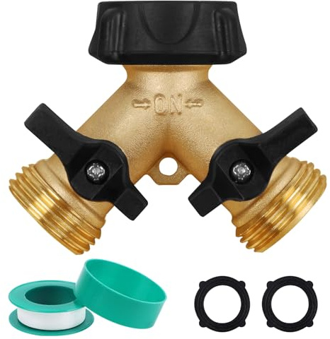 Biswing Garden Hose Splitter 2 Way, Heavy Duty Brass Connector Tap Splitter, Y Splitter 2 Valves with 2 Extra Rubber Washers