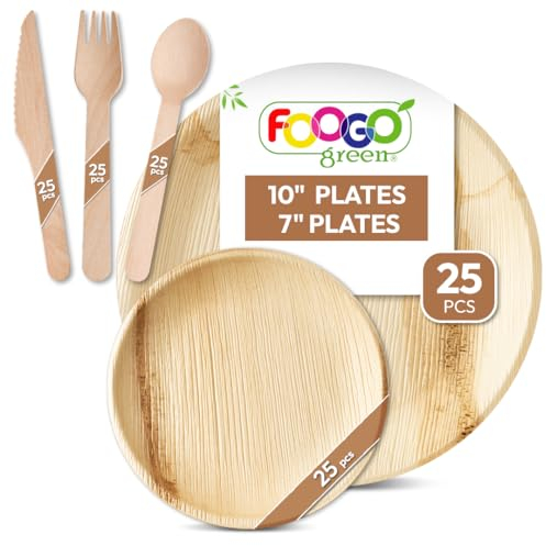 FOOGO Green 125pcs Disposable Palm Leaf Plates and Wooden Cutlery Set, FSC® Certified, 25x Large Round, 25x Small Side Plates, 25x Spoons, 25x Forks, 25x Knives, Eco Biodegradable