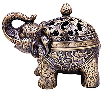 Hourwof Metal Elephant Incense Holder,Vintage Cone Coil Incense Burner with Lid,Ash Catcher,Aromatherapy Ornament Home Office Decor,Bronze