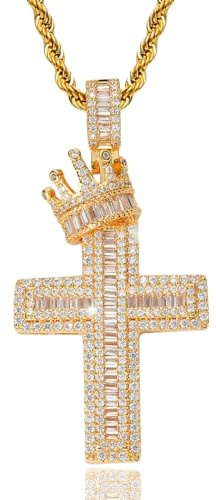 ICEDIAMOND Collier avec pendentif en forme de croix et couronne royale en plaqué or 14 carats, bijou tendance hip-hop pour homme et femme (Gold,24''Rope)