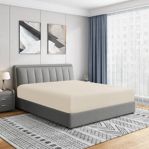 Cathay Home Luxury Wrinkle and Fade Resistant Double Brushed Ultra Soft Microfiber 14-Inch Standard Pocket Single Fitted Sheet, Coconut Milk, Queen