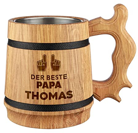 Chope à bière avec gravure – Personnalisable – Volume 500 ml – En chêne 19,5 cm avec insert en acier inoxydable – Pour père, anniversaire, fête des pères, jubié – Motif doigt
