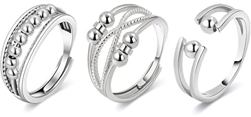 Verstellbare Anti Stress Ringe, Ringe für Damen, Angst Daumen Zappel Ring, Verstellbare Spinnerringe für Angst Damen, Angst Fidget Ringe, Anti Angst Mode Ring mit Perlen Schmuck, Anxiety Ring Silber