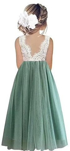 Odizli Robe de Demoiselle d'honneur en Dentelle Dos Nu A-Ligne en Tulle pour Mariage Première Communion Fête Robe de Soirée Longue, 9-10 ans