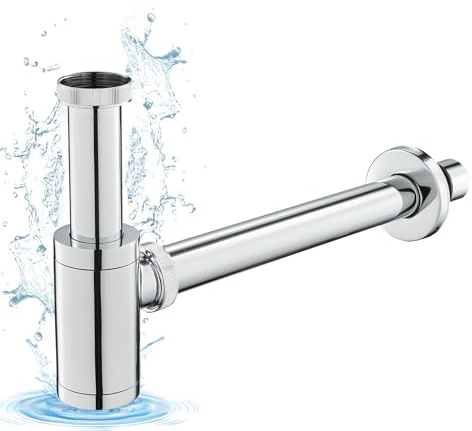 KINKIBOS Messing Siphon Universal für Bad Waschbecken & Waschtisch, Flaschensiphon in 1 1/4 x 32 mm, Abfluss Ablaufgarnitur, Geruchsverschluss mit Reinigungsöffnung Sifon Spülbecken Abflussrohr, Chrom