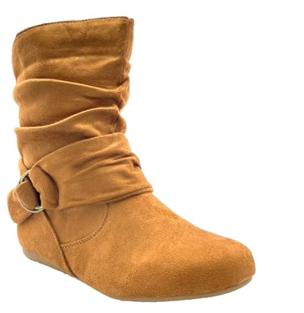 ABSOLEX Women Suede Fashion Slouch Mid Calf Low Heel Casual Slip On Ankle Bootie, Tan, 8