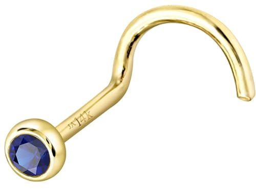 Jewelry Avalanche Solid 14K Yellow Gold Nose Screw Stud Bezel Set 2mm Blue Sapphire 22G Cork-screw Nose Stud - September Birthstone Nose Ring Stud NSBZ-SP20YG