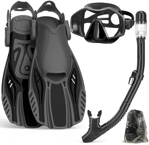 Keephigher Schnorchelausrüstung für Erwachsene, Maskenflossen, Schnorchel-Set, Panoramablick, Anti-Beschlag-Tauchmaske, Trocken-Top-Schnorchel, Tauchflossen und Reisetasche zum Schwimmen, Schnorcheln,