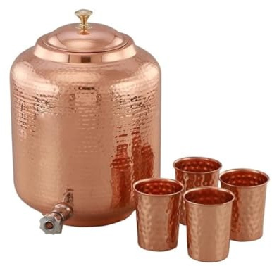 Serbatoio d'acqua realizzato a mano in puro rame con rubinetto, dispenser d'acqua, brocca in rame con 4 bicchieri martellati (rame, 16 litri)
