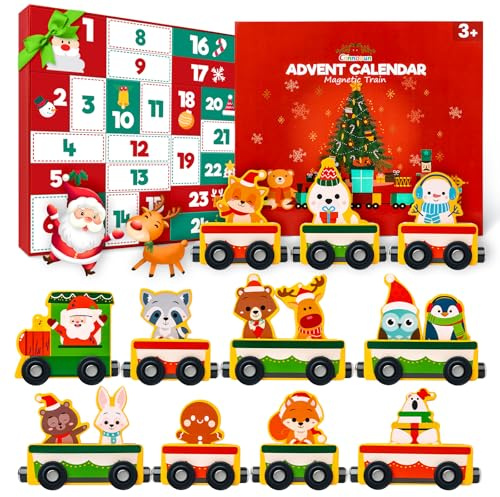 Calendario dell'Avvento 2025, Commodum Calendario dell'avvento con 24 Trenino Legno Bambini, Trenino Legno Giocattolo per Bambini, Regalo Giocattoli Bambina, Regali di Natale Originali per Bambina