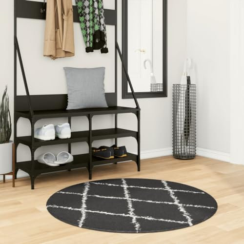 Homgoday Küchenteppich für Läufer, Flur, Shaggy-Teppich Pamplona mit langem Flor, Schwarz und Creme, Ø 100 cm, Küchenteppich für Läufer, Flur, Wohnzimmer, Teppiche für Schlafzimmer