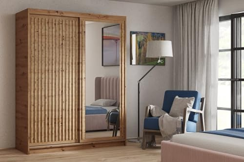 BEAUTY SOFA Donatello Armoire - Armoire à vêtements avec miroir, étagères, tringle à vêtements, portes coulissantes et lamelles, penderie, armoire de couloir - Chêne Artisan - Largeur 120 cm