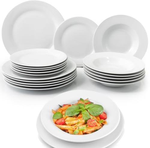 Shally Dogan Servicio de platos de 18 piezas de porcelana de mesa para 6 personas, juego compuesto por 6 platos llanos, 6 hondos, 6 dulces y frutas, diseño moderno liso (blanco)