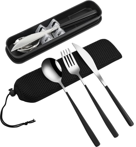VANRA 3 Stück tragbares Reisebesteck Set mit Koffer 18/8 Edelstahl Besteck Set Wiederverwendbares Besteck Set mit Gabel Löffel Messer für Mittagessen Reisen Camping Schule Arbeit Picknick (Schwarz)