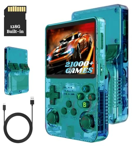 Bewinner 3,5-Zoll Retro Handheld Spielekonsole R36s, Videospielkonsole mit Dual Stylem Linux/Garlic Unterstützung, Retro Konsole mit Dual 3D Joysticks (Transparent Grün) (128GB)