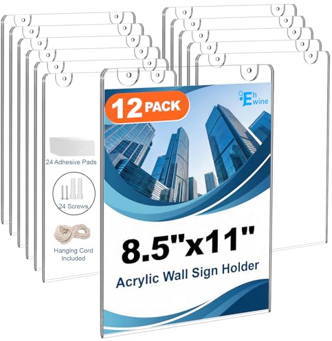 EHWINE 12 Pack 8.5x11 Wall Mount Acrylic Sign Holder, Acrylic Wall Sign Photo Menu Flyer Display Holder, Plastic Clear Picture Adhesive Frames for Office Business Store (Provide Mounting Screws)