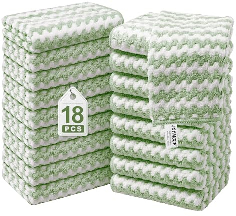 JOYMOOP Microfiber Cleaning Cloth, Pure Green Towels with Edging, Small Size 18 Pack (9.8 x 9.8), Absorbent Streak Free Lint Free Rags for Cleaning, Reusable and Washable Towels