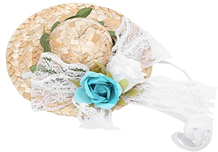 Qukaim Pet Party Strohhut Haustier Sombrero Hut Verstellbarer Atmungsaktiver Strohhut mit Blumen für kleine und mittelgroße Hunde/Katzen, Mini-Partyhut, Weiß/Blau/Grüne Blumen, Geburtstagsdekoration