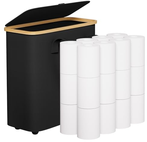 Yorbay 30L Toilettenpapier Aufbewahrung Korb mit Deckel, Faltbarer Klopapier Aufbewahrung für 12-16 Rollen Klopapier, Bambus Toilet Paper Organizer für Badezimmer, Enge Räume, Schwarz