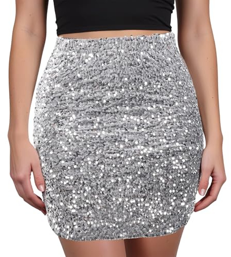Sahunfri Pailettenrock für Damen, Hohe Elastische Taille A-Linie Hip Glitzer Rock mit Futter für Festival Rave Party, Tanz (DE/NL/SE/PL, Alphanumerisch, L, Regular, Regular, Silbergrau)