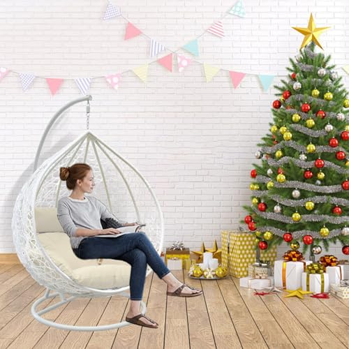 GadgetHaven Egg Chair - Outdoor Hanging Chair with Weather-Resistant Rattan, Thick Cushion & Steel Frame - Modern Patio Furniture for Garden, Balcony & Poolside (White Egg Chair & White Cushion)