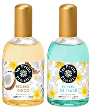 Les Petits Plaisirs - Lot Eau de toilette Monoï Coco + Eau de toilette Fleur de tiaré. Duo de parfums solaires et exotiques. Coffret cadeaux. Made in France, 110ml
