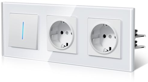 BSEED Enchufe y Interruptor,interruptor pared con Garfio,Basculante con Pilotitos LED,Panel de Vidrio,Seguridad Infantil,Fácil Instalación,E-Serie,1 Gang 1 Vía Con 2 Enchufes,228mm Blanco