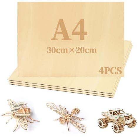 AolKee 4 fogli di compensato, 300 x 200 x 3 mm, per lavori di artigianato in legno, modello, artigianato, pittura, incisione, progetti laser, stenciling, decorazione per la casa