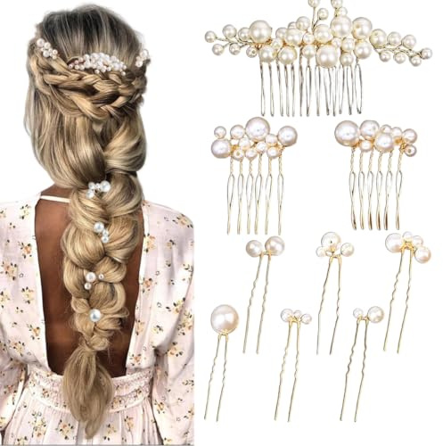 CharmeFleur Juego de 9 Peinetas Doradas para Novia con Perlas, Horquillas, Clips Vintage para Cabello, Adornos para Cabello para Damas de Honor, Novias, Niñas de las Flores