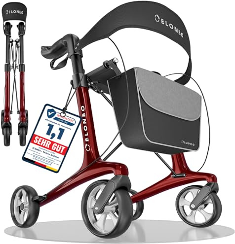 Carbon Rollator faltbar und leicht mit Sitz, Leichtgewicht-Reiserollator ultraleicht 5,1 kg, Gehhilfe für Senioren 9-fach höhenverstellbar, Laufhilfe faltbar für Kofferraum, mit Tasche