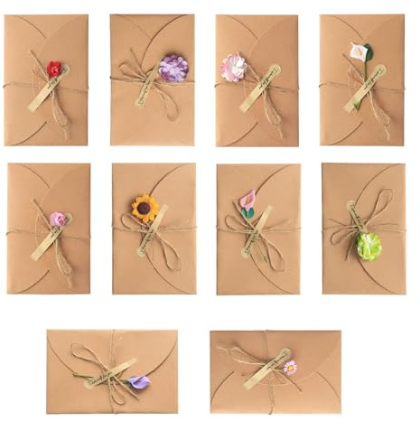 10 Stück Getrocknete Blumen 17.5 x 11 cm Grußkarten mit Kraftumschlag | Geburtstagskarten Retro Kraftpapier Dankeskarten mit 10 Blumen für Geburtstag Hochzeit Handgefertigte