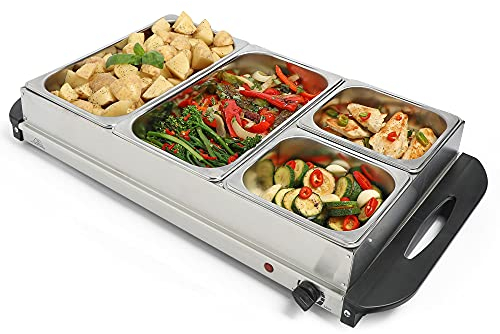 VonShef Food Warmer 4 Tray – 7.2L Table Top Buffet Server 300W with Lids, Plate Warming, Temp Control, Chafing Dish, Hostess Trolley Food Warmer & Cool Touch Handles - 2 x 2.4L and 2 x 1.2L Pans