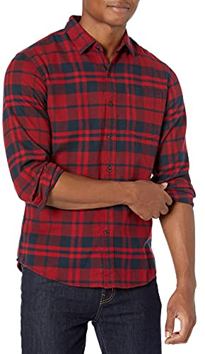 Amazon Essentials Camicia In Flanella Scozzese Con Bottoni A Maniche Lunghe Sagomata Uomo, Blu Marino Rosso Motivo Scozzese, L