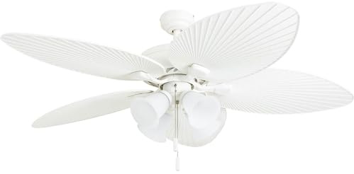 Prominence Home Ceiling Fans Palm Lake, 52 Inch Tropical Indoor Outdoor Ceiling Fan with Light, Pull Chain, Three Mounting Options, 5 Palm Leaf Blades, Reversible Motor - 50509-01 (White)