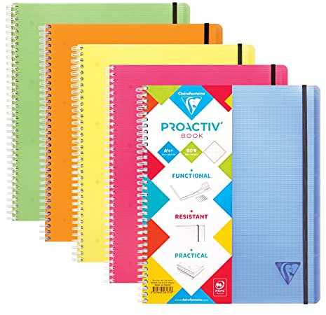 Clairefontaine 328175C Proactiv'Book Cahier-Trieur à Spirale Perforé - A4+ 22,5x29,7cm 160 Pages Détachables Petits Carreaux Cadrées avec Marge Papier Blanc 90g - Couverture Polypro Couleur Aléatoire
