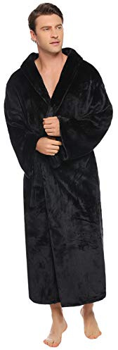 Vlazom Peignoir Homme Polaire Robe De Chambre Longue Capuche Doux et Chaud Sortie De Bain pour Homme Hivers,XXL,Noir