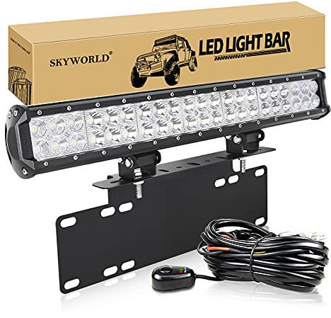 SKYWORLD 50 cm 20 Zoll 126W Led Lichtbalken mit Kennzeichenhalter | Spot Flutlicht Offroad Beleuchtung Led Bar, 15 Zoll Kennzeichenhalterung und 12V Kabelbaum für 4x4 Auto Offroad SUV LKW