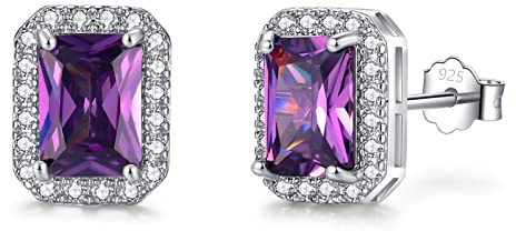 SNORSO Clous D'oreilles Argent Pour Femme Fille,Boucles d'oreilles Zircon Cubique Carré/Rectangle/Coeur/Goutte d'eau/Ronde, Boucles d'oreilles Pierre de Naissance Coloré,Cadeau Anniversaire Mariage