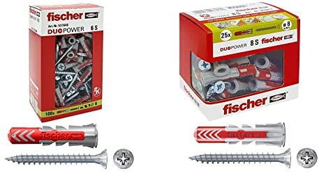 Fischer 537646 Tassello con Vite Duopower, Grigio/Rosso, 6 x 40 mm, Set di 100 Pezzi & 25 Tasselli Duopower con Vite, 8 x 40 mm, per Muro pieno, Mattone Forato, Cartongesso, 544017
