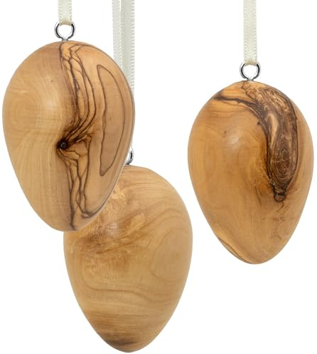 SIKORA OD19 3er Set große Ostereier aus Olivenholz zum Aufhängen | Natürliche Maserung & 100% Handarbeit | Hochwertiger Deko Baumschmuck & Osterstrauch Anhänger | Höhe ca. 5,6 cm