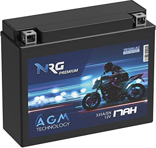 NRG Premium YB16AL-A2 AGM Motorradbatterie 17Ah 12V 335A/EN AGM Batterie 12V entspricht 51616 AGM12-16AL-A2 Batterie doppelte Lebensdauer wartungsfrei