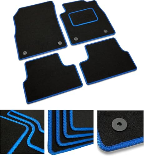 DB Bespoke Car Floor Mats For Dacia Duster (2010-2018) | Black Carpet, Blue Trim, 4 Piece Set, 2 Clips, Tailored Car Mats, Anti Slip