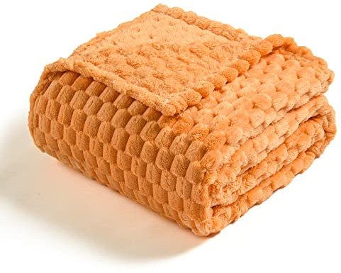 Vessia flanell fleece filt (127 x 178 cm), 3D Jacquard ljus orange luddig och varm filt för soffa, soffa, säng, stol, 300 GSM supermjuk känsla mysig lätt överkast för alla årstider heminredning