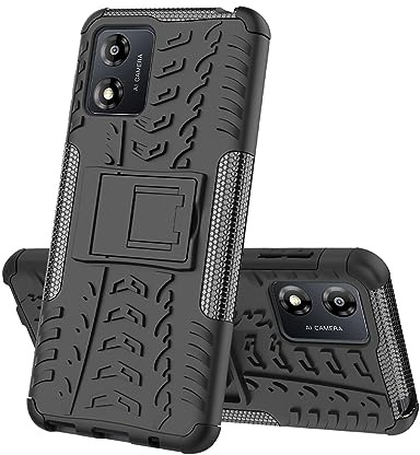 SEAHAI Funda para Motorola Moto E13 Estuche, Carcasa de Antigolpes [Rugged Armour] Soporte Plegable Oculto + TPU Bumper Rubber Caso - Negro
