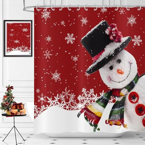 GCIREC jul snögubbe duschdraperi, röd rolig jul snögubbe vit snöflinga nyår vinter badrum gardin vattentätt tyg maskintvättbar med 12 krokar, 180 x 200 cm