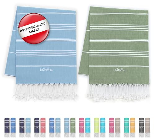 LeStoff Hamamtuch 2er-Set, 100% Bio-Baumwolle, 95x180 cm, Hellblau + Olive | Reisehandtuch, Campinghandtuch, Badetuch, Saunatuch und Strandtuch – vorgewaschen, nachhaltig, saugstark und schnelltrocknend