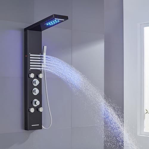 KINKIBOS Pannello doccia termostatico con LED, 6 funzioni, pannello doccia con pioggia e cascata, 2 getti massaggianti, doccetta e beccuccio per vasca, colonna doccia in acciaio inox 304, nero