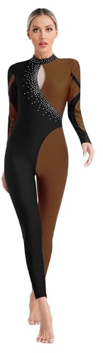 CHICTRY Gymnastikanzug Damen Ganzkörper Langarm Voltigieranzug Strass Glitzer Tanzbody Farbblock Patchwork Turntrikot Cut Out Tanzoverall Jumpsuit Dancewear Braun XL