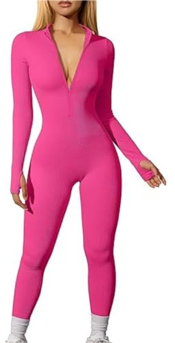 shownicer Combinaison de Yoga Moulante Femme Jumpsuit Une Pièces à Manches Longues Coupe Ajustée Extensible Vetement avec Fermeture A Rose Rouge S